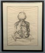 British, contemporary, a seated female nude study from behind, graphite and pastel, indistinctly