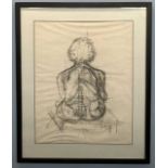 British, contemporary, a seated female nude study from behind, graphite and pastel, indistinctly