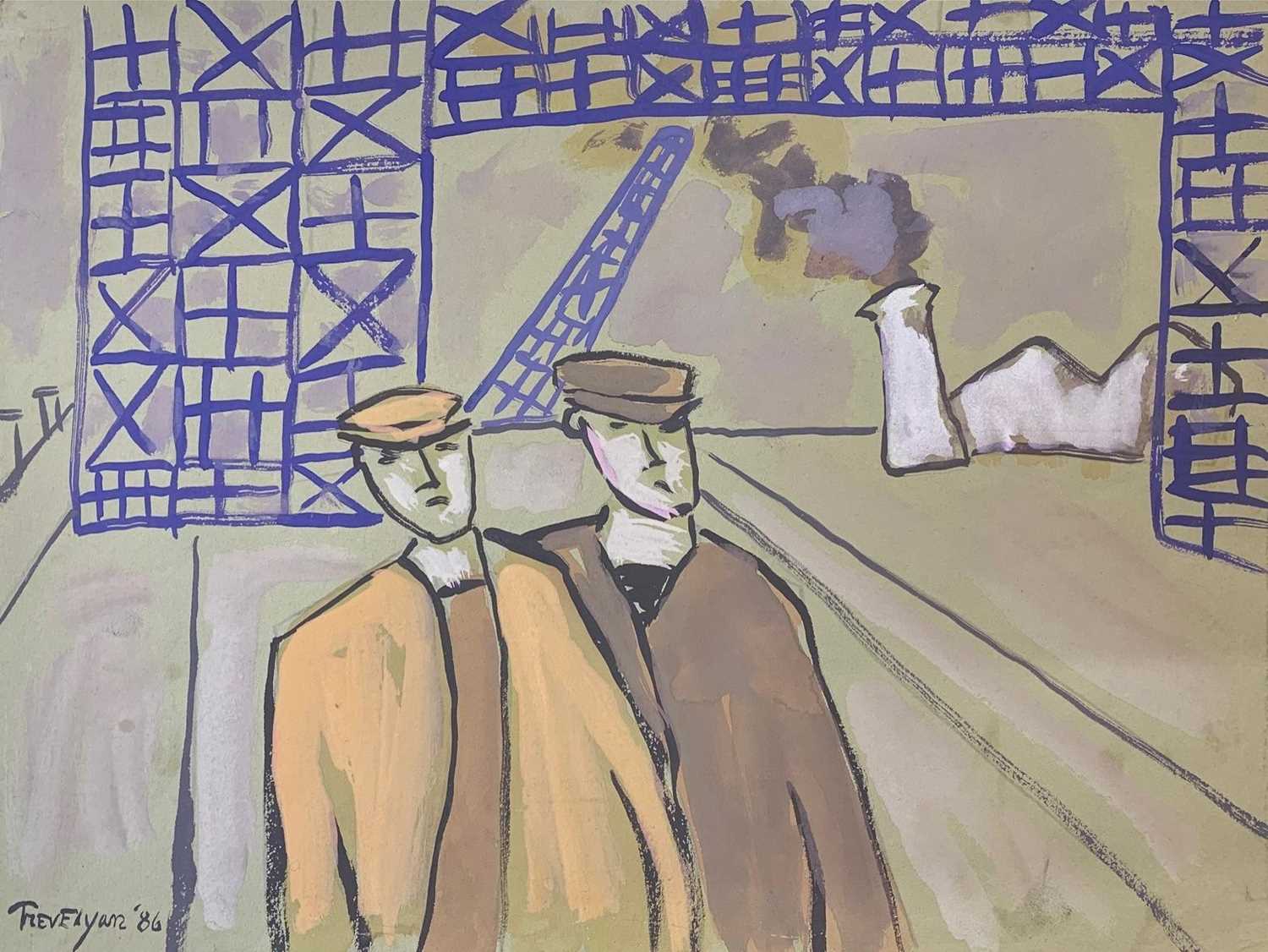 Julian Trevelyan RA (British,1910-1988), Industrial workers before a crane and smoking chimney,