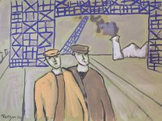 Julian Trevelyan RA (British,1910-1988), Industrial workers before a crane and smoking chimney,