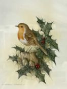 Andrew Osborne (British), a robin perched on a stump in a surrounding of hollie, watercolour,