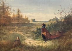 After Archibald Thorburn (British,1860-1935), a cock and a pair of hen pheasants observe a distant