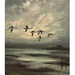 R.J. Scott (British), Geese over marshland, oil on board, signed,17.5x24ins, framed.