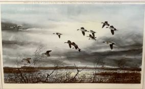 After David Hagerbaumer (American,1921-2014), Pintails in flight, lithograph, signed to margin,