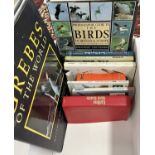 Box containing various bird books including Grebes of the World, Ogilvy with paintings by Chris Rose