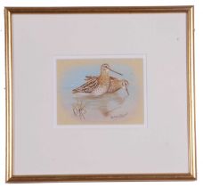 Richard Robjent (British, 20th Century), A wisp of snipe, watercolour, signed, 4.5x6ins, framed