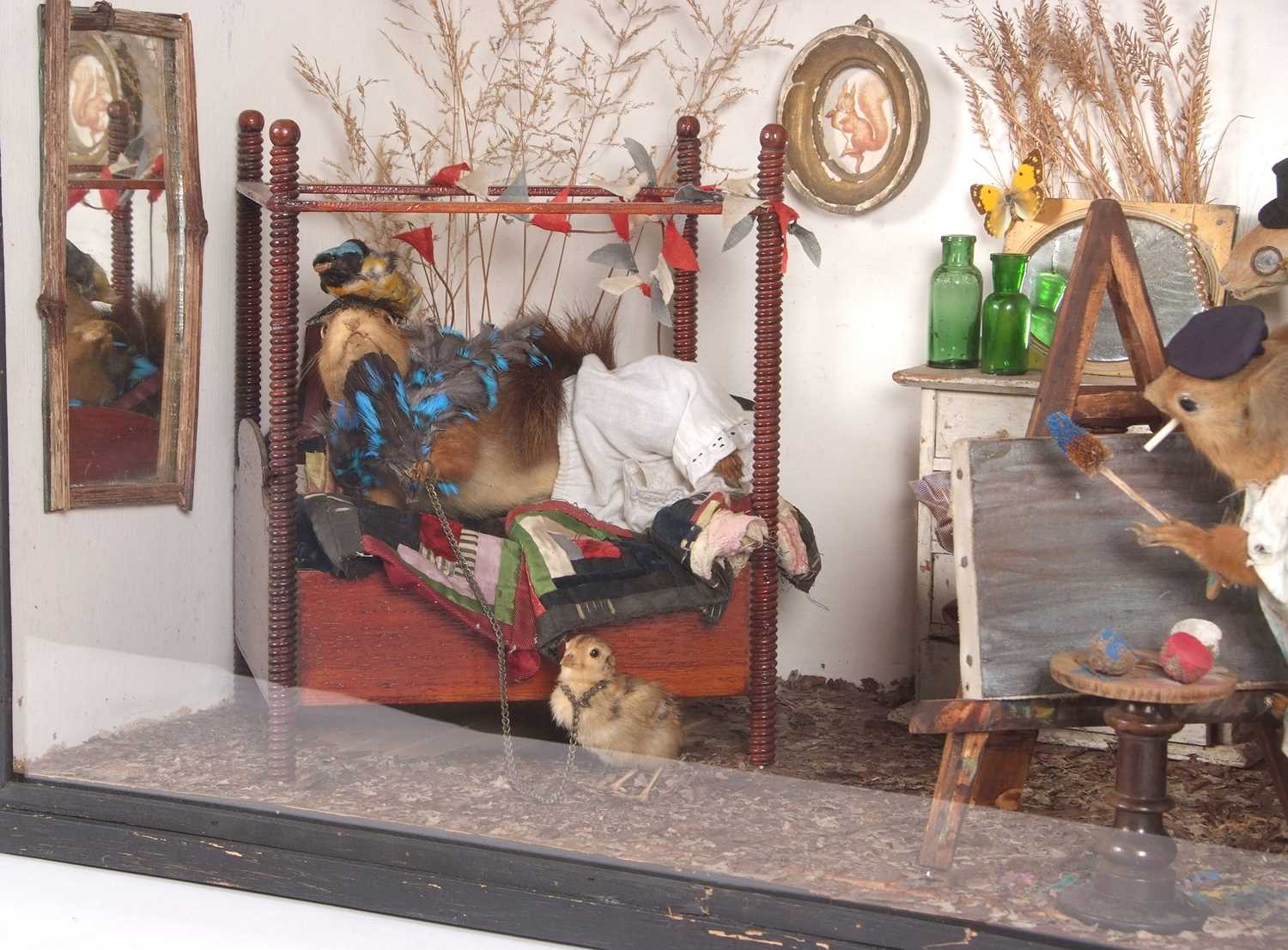 Late 19th/early 20th Century cased anthropomorphic taxidermy scene of three Squirrels in bedroom - Image 5 of 6