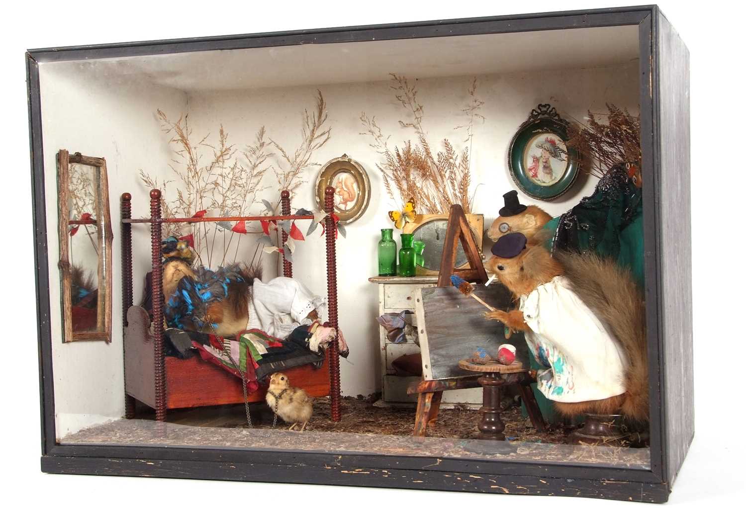 Late 19th/early 20th Century cased anthropomorphic taxidermy scene of three Squirrels in bedroom - Image 3 of 6