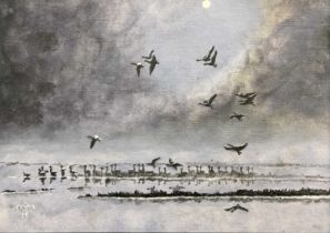 Michael Morley (British, b.1937), Moonlit Geese, acrylic on board, monogrammed, 9.5x13.5ins,