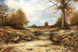 Carl Donner (British, b.1957), pheasants in an autumnal landscape, watercolour, signed and dated