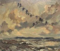 Jack Cox (British,1914-2007), Ducks alighting over water, oil on board, signed, 38x43cm, framed