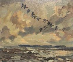 Jack Cox (British,1914-2007), Ducks alighting over water, oil on board, signed, 38x43cm, framed