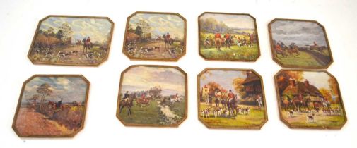 Set of seven octagonal glazed double sided coasters with British hunting print scenes (7)