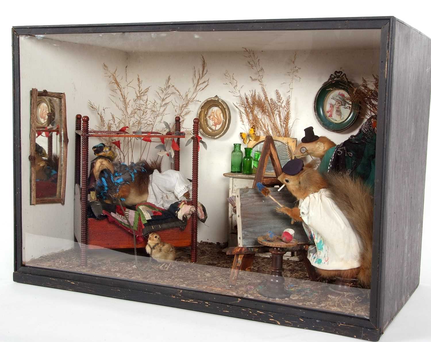 Late 19th/early 20th Century cased anthropomorphic taxidermy scene of three Squirrels in bedroom - Image 4 of 6