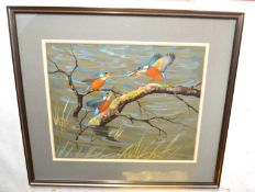 Ralston Gudgeon (British,1910-1984), Kingfishers feeding, watercolour and gouache, signed,