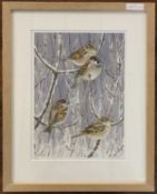 Stephen Message (British, b.1968), Sparrows perched on snow covered branches, limited edition giclee