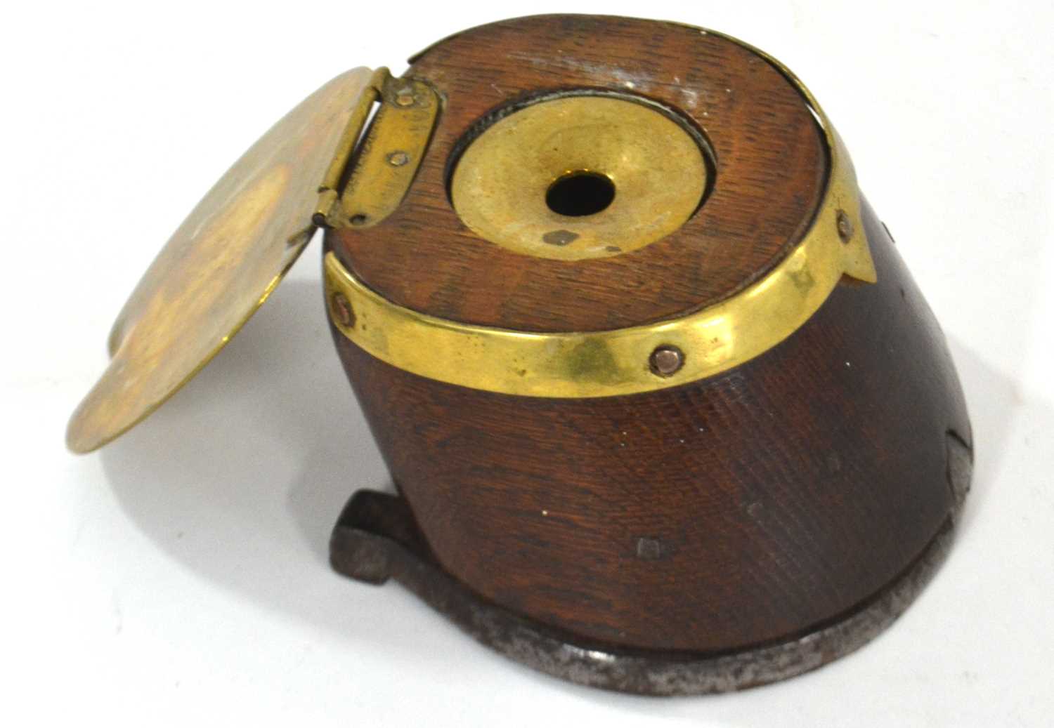 20th Century piece of trench art of a carved wooden horse hoof with brass lid and ink well, metal - Image 2 of 3