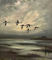 R.J. Scott (British), Geese over marshland, oil on board, signed,17.5x24ins, framed.