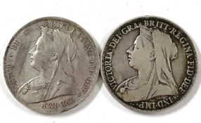 GB, Victoria, Crowns 1895 (LIX) and 1900 (LXIV). Qty 2
