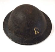 Second World War British Home Front black steel helmet with painted R