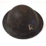 Second World War British Home Front black steel helmet with painted R