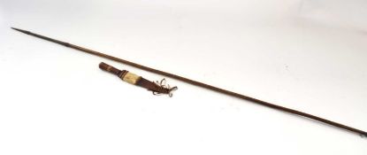 An African tribal spear together with small tribal dagger in leather and fur scabbard, length of