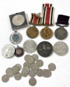 A mixed lot to include 2 special constable service medals, 2x George V 5shillings dated 1951 ect