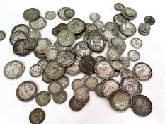 a quantity of silver 3 pence coins, 25x silver 1 shillings, 4x post-1922 examples 281gms