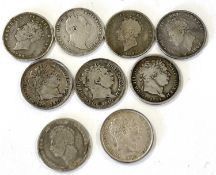 GB, George III Shillings 1817 (2), 1819-20, plus George IV Shilling 1825,1826 (2), 1829 (poor)