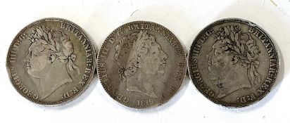 George III 1819 Crown (LIX), plus George IV Crowns 1821 (Secundo) and 1822 (Secundo). (Qty 3)