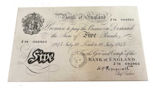 Bank of England peppiatt £5 banknote dated July 18th 1945, serial number: J74 092965