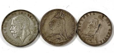 GB, Victoria, 1889 Crown, 1887 Double Florin, plus George V 1935 Crown. (qty 3)