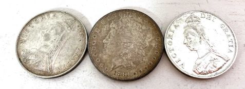 GB, Victoria silver Crowns, 1889 & 1890, t/w USA silver Dollar 1881. (3)