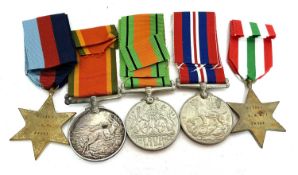 World War two South African Campaign Medal group comprising of 19BP Star, Italy Star, Defence Medal,