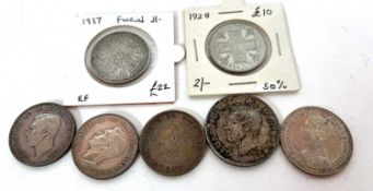 2 Victorian silver florins (including 1 gothic) 1928 florin, 1939 florin, 2 1941 florins and a
