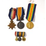 First World War British Medal Trio and set of miniatures to include 1914-15 Star, 1914-18 War