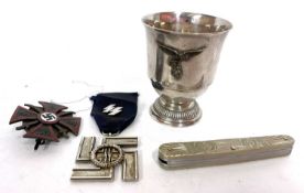 Small silver plate goblet of Luftwaffe eagle, reproduction SS Service Medal, reproduction SS