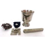 Small silver plate goblet of Luftwaffe eagle, reproduction SS Service Medal, reproduction SS