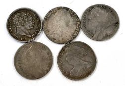 GB, William III 1696 Shilling, plus Queen Anne 1702 Shilling, plus George II 1798 Shilling, plus