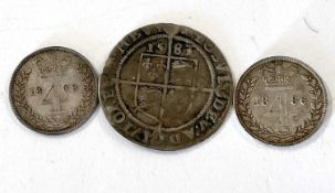 Elizabeth I (1558-1603) 1583 Sixpence (obv worn) plus Victoria Maundy Fourpence 1868 and 1886. (