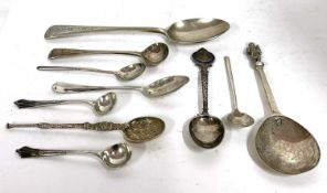 Mixed Lot: Silver apostle spoon, Victorian dessert spoon, together with eight various condiment/
