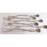 Six antique Reed and Barton sterling cocktail/seafood forks, "La Reine", circa 1890, 105gms