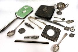 Mixed of silver oddments to include small trophy, cigarette case, three teaspoons, three