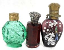Mixed Lot: A Victorian mauve glass scent bottle painted with enamel flowers and bird, having a