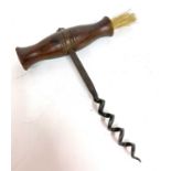 A vintage wooden handled direct pull corkscrew with dusting brush, 13cm long