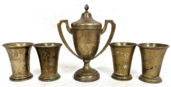 Mixed Lot: Four Danish silver small beakers, each with personalised engraving and stamped 826, 5cm