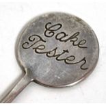 A hallmarked silver "Cake Tester", Birmingham 1968, makers mark is for W.M Ltd, 20cm long