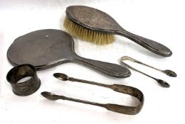 Mixed Lot: Silver backed mirror and hairbrush engraved with initials and hallmarked for Sheffield