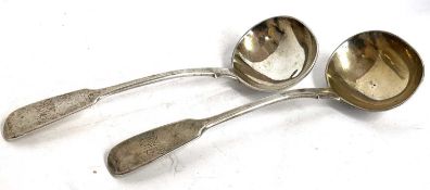 Pair of Victorian fiddle pattern sauce ladles engraved with initials, hallmarked for London 1841,