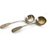 Pair of Victorian fiddle pattern sauce ladles engraved with initials, hallmarked for London 1841,
